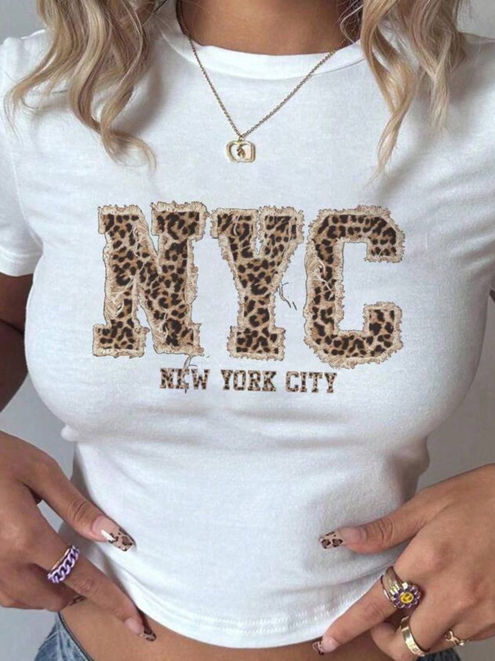 SHEIN White Crop Tee with Leopard NYC Appliqué